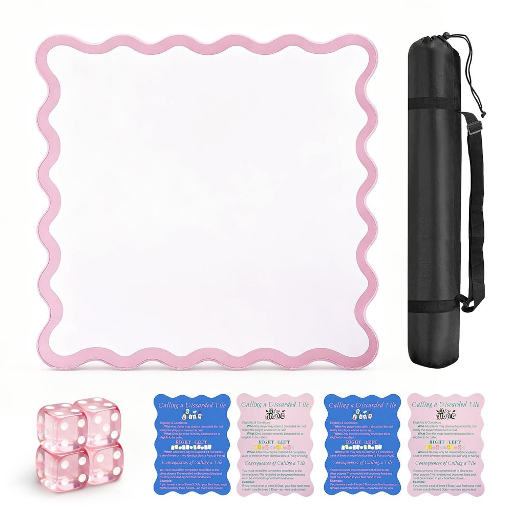 22in Scalloped Mahjong MatAnti Slip Noise Reduction Mahjong Accessoriemahjong Table MatMajiong Mat for TravelComes with 4 Dice and 1 Mahjong Mat Storage Bag,4 Mahjong Shuffle Cards (Pink)