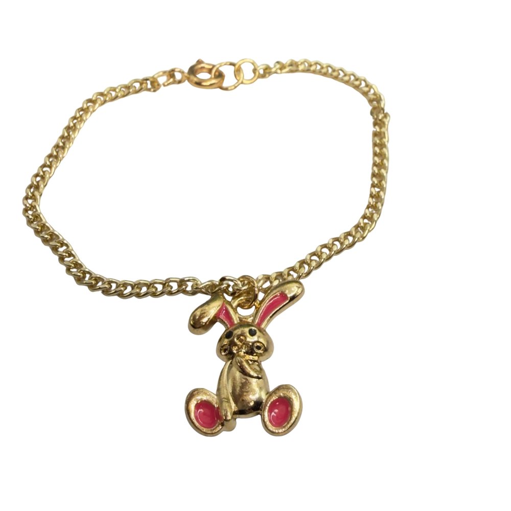 Bright Pink Accent Floppy Ear Bunny Charm Gold Doll Necklace