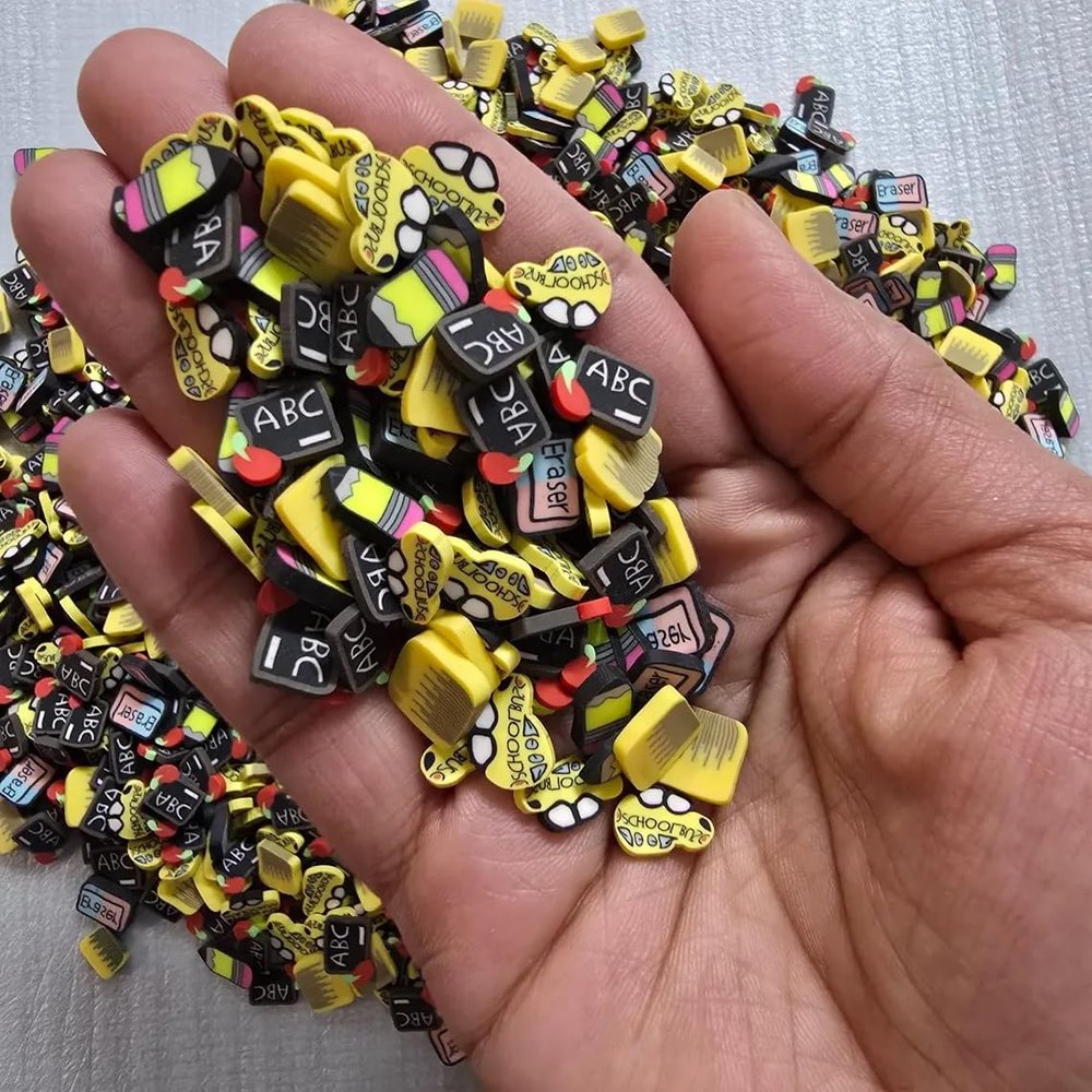 Back to School Polymer Clay Sprinkle Mix, 10mm School Bus, Pencil, Blackboard, Eraser Shapes, Fake Sprinkles for Crafts, Slime, Resin, Tumbler Shakers, DIY Decor (5g Bag)