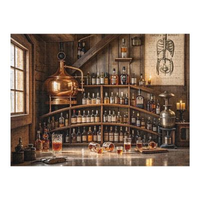 1000 Pieces Wooden Jigsaw Puzzles for Adults Rustic Whiskey Bar with Liquor Bottles and Copper Tools Pub Artwork Relaxation Game for Whiskey Lovers