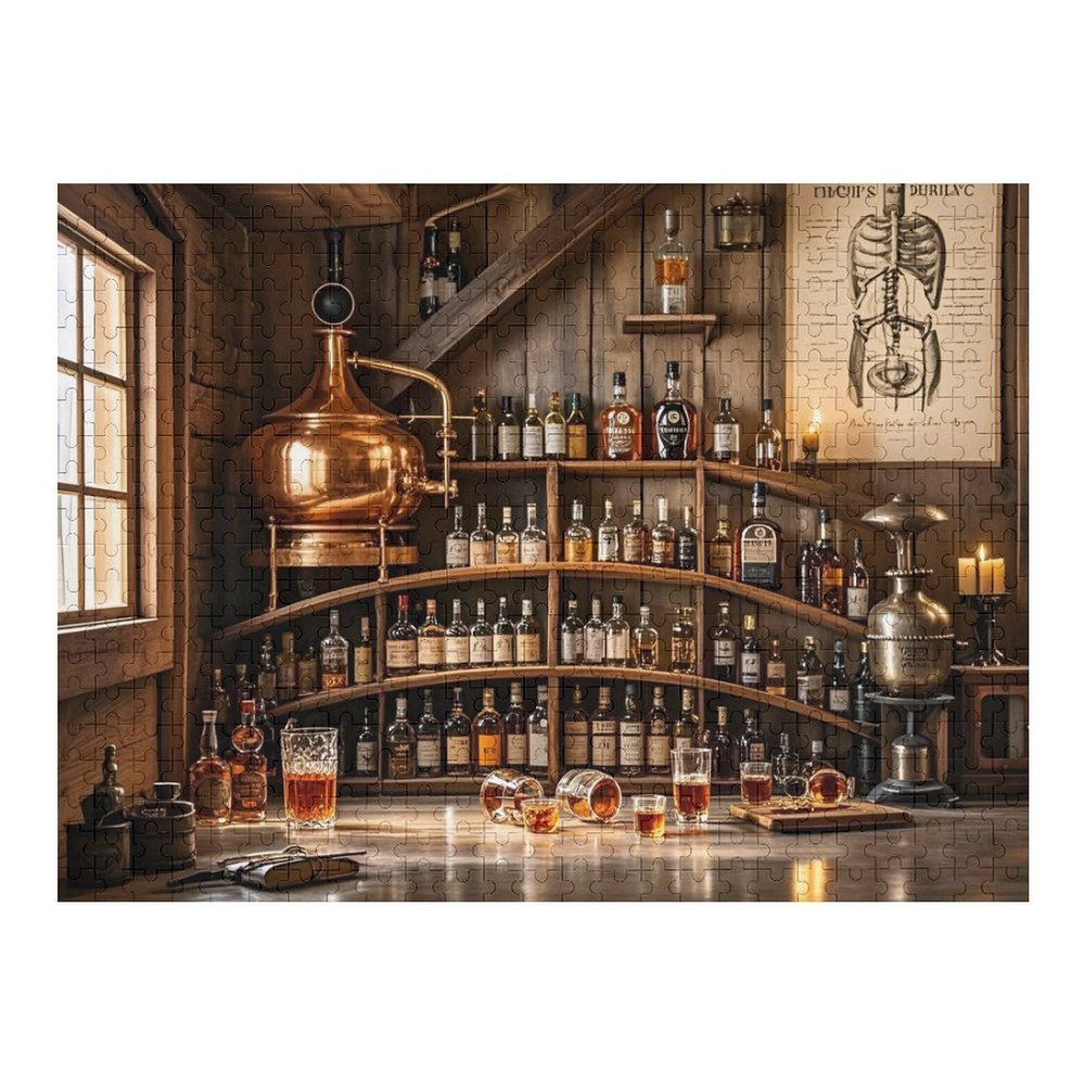 1000 Pieces Wooden Jigsaw Puzzles for Adults Rustic Whiskey Bar with Liquor Bottles and Copper Tools Pub Artwork Relaxation Game for Whiskey Lovers