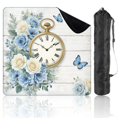 31.5" x 31.5" Mahjong Mat for Table with Carrying Bag Vintage Pocket Watch Blue Roses Butterflies Floral Soft Pastel Non-Slip Noise-Reducing Game Mat Mahjong Accessories Dominoes Board Game