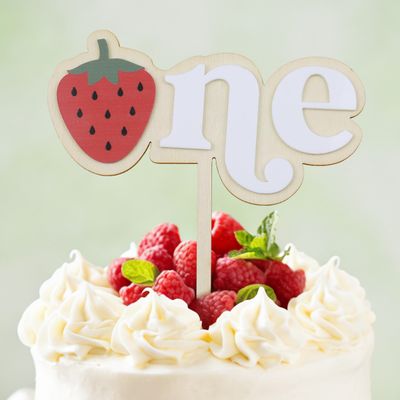 Strawberry Cake Topper - Wooden Acrylic Berry Boys and Girls 1st Cake Topper for Baby First Year Birthday Party, Anniversary, Kids Birthday Decorations (Strawberry One Cake Topper)