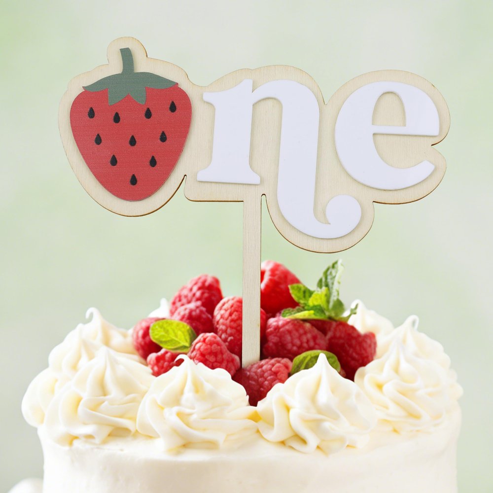 Strawberry Cake Topper - Wooden Acrylic Berry Boys and Girls 1st Cake Topper for Baby First Year Birthday Party, Anniversary, Kids Birthday Decorations (Strawberry One Cake Topper)