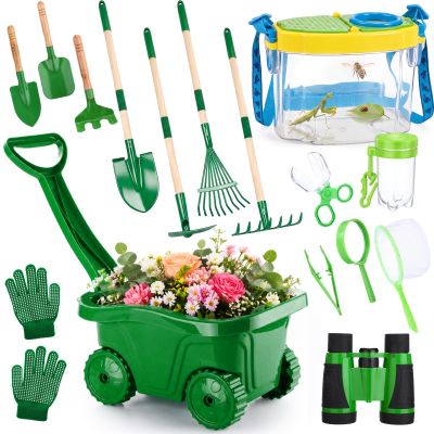 Teyva Daily 16 Pcs Kids Gardening Tools Bug Catcher Kit, Wheelbarrow with Bug House, Shovel, Rake, Leaf Rake and More, Outdoor STEM Educational Toy for Birthday Thanksgiving Kids 3-5