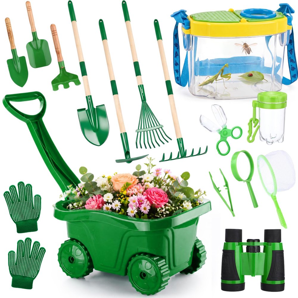 Teyva Daily 16 Pcs Kids Gardening Tools Bug Catcher Kit, Wheelbarrow with Bug House, Shovel, Rake, Leaf Rake and More, Outdoor STEM Educational Toy for Birthday Thanksgiving Kids 3-5