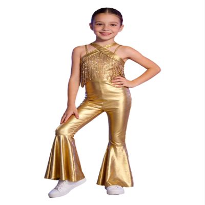 Agoky Kids Girls Metallic Jumpsuit Bell Bottom Pants 70s Disco Party Outfit Halter Neck Fringe Tassel Dance Bodysuit Gold 10 Years