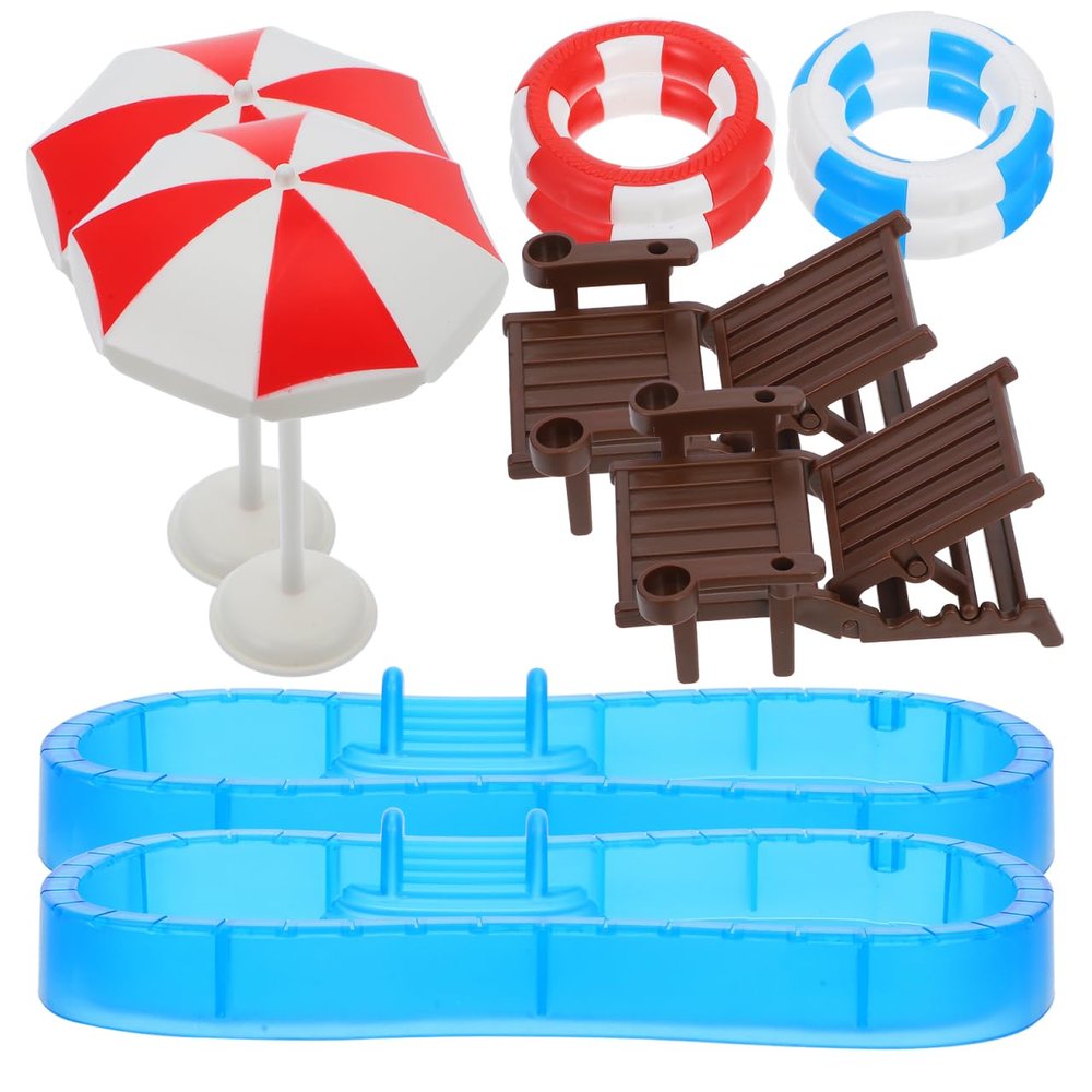 2 Sets 1:12 Scale Miniature Swimming Pool Dollhouse Accessories, Folding Beach Chairs Umbrellas Swim Rings, Summer Fairy Garden DIY Decor