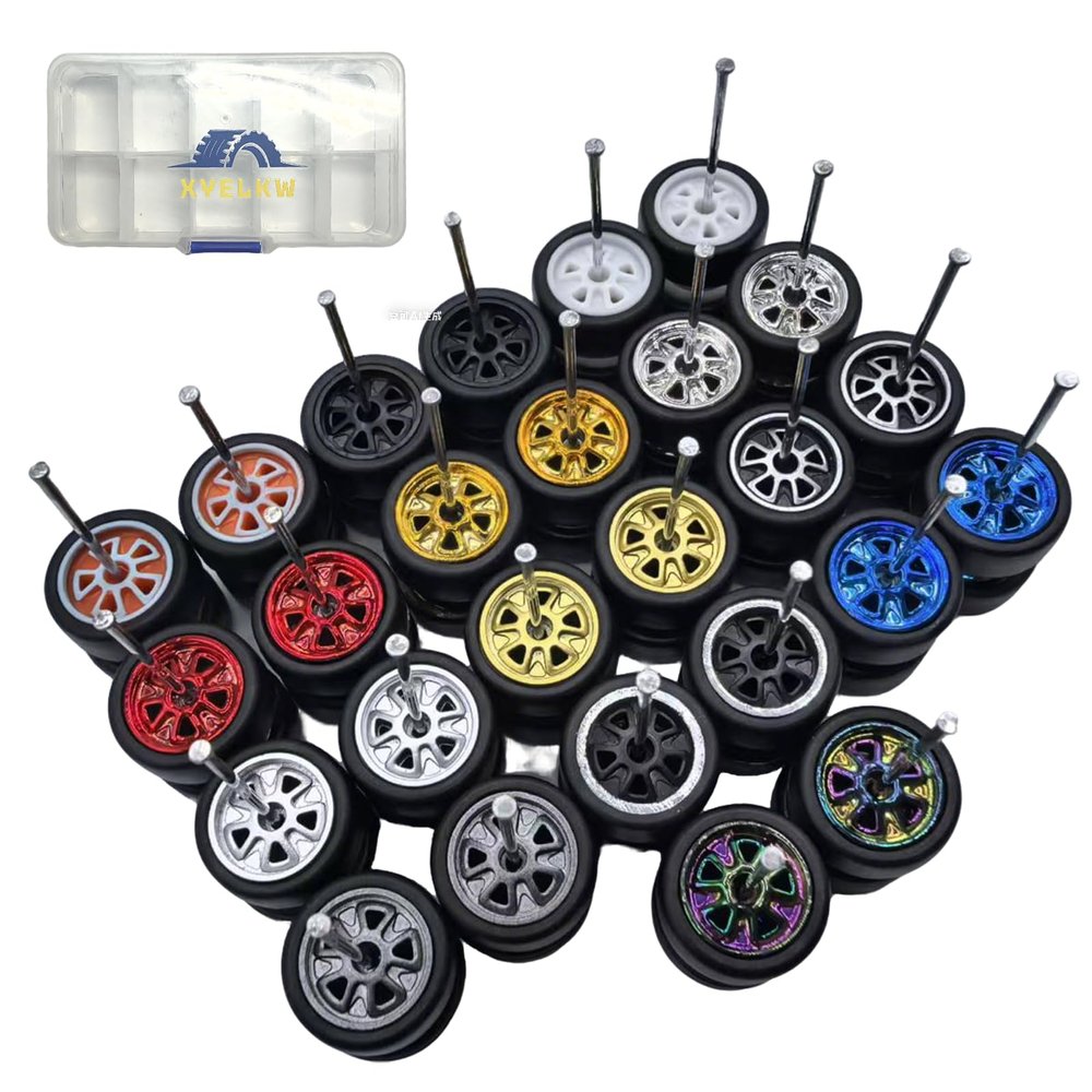 13 PCS 1/64 Scale Diecast Car Wheels and Tires Set, 13 Styles Realistic Rims with Rubber Tires, Replacement Wheel Kit for 1/64 Model Cars, DIY Custom Modification Accessories