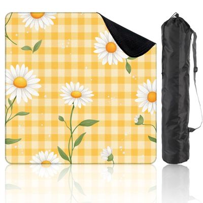 31.5" x 31.5" Mahjong Mat for Table with Carrying Bag White Daisy Flowers Yellow Gingham Non-Slip Noise-Reducing Game Mat Mahjong Accessories for Poker Dominoes Board Games