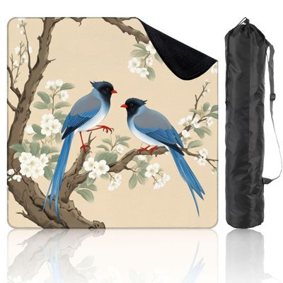 31.5" x 31.5" Mahjong Mat for Table with Carrying Bag Pair Blue Birds Blossoming Tree Branch Traditional Style Non-Slip Noise-Reducing Game Mat Mahjong Accessories for Poker Dominoes Board Games