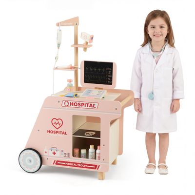 GLACER Kids Doctors Play Set, Wooden Pretend Play Medical Kit with CT Scanner, Stethoscope & Toy Accessories, Mobile Medical Station Activity Center for Boys & Girls Ages 3+ (Pink)