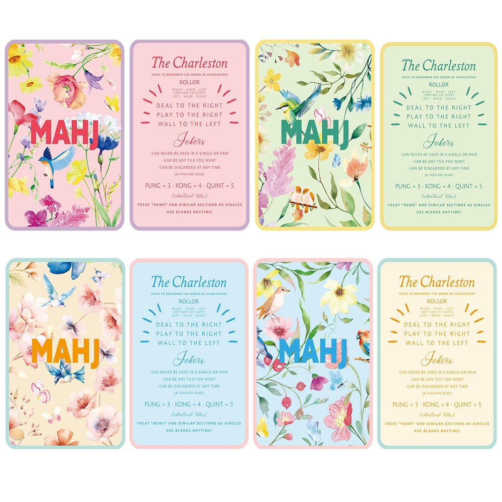 BrightRow 4 Pcs Mahjong Shuffler Cards for Tiles Mixing & Shuffling Portable Mah Jong Accessories Gift Party Supplies Waterproof Rules Printed Mixer 7 x 5 in for Tiles Lover(Pastel,Linear,Bird)