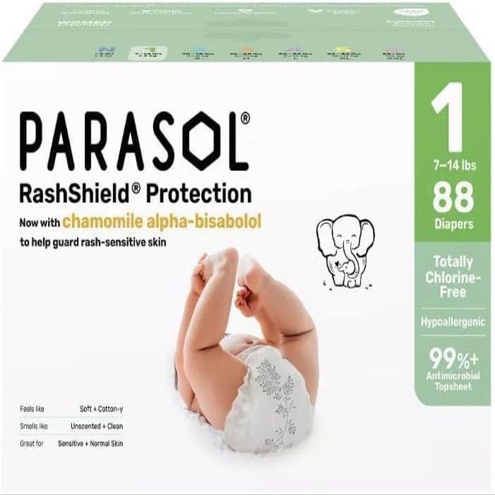 P'arasol Chlorine-Free Premium Diapers with RashShield Protection, Size 1, 88 Count, 2 Pack of 44 Diapers