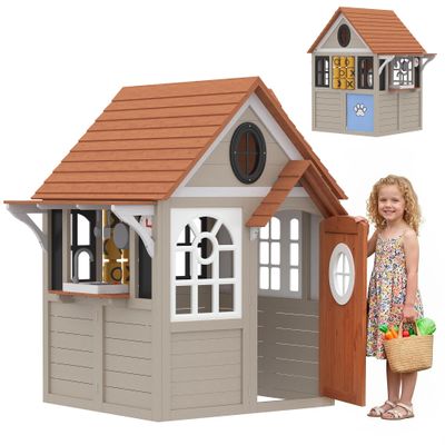 Qaba Outdoor Wooden Playhouse with Dog Door, Kids Cottage with Cookware, Blackboard, Clock, Tic-Tac-Toe Roller for Backyard Garden, Indoor Playroom Imaginative Play for Ages 2+, Gray