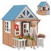Qaba Outdoor Playhouse with Pet Door, Wooden Kids Playhouse with Play Kitchen, Mailbox, Doorbell, Birdhouse, Fence and Windows for Garden, Backyard, Indoor Playroom Pretend Play, Ages 2+, Brown view 1
