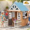 Qaba Outdoor Playhouse with Pet Door, Wooden Kids Playhouse with Play Kitchen, Mailbox, Doorbell, Birdhouse, Fence and Windows for Garden, Backyard, Indoor Playroom Pretend Play, Ages 2+, Brown view 2