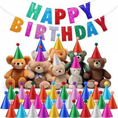 Vinsot 43 Pcs Mini Party Hats for Stuffed Animals with Birthday Banners, Birthday Party Cone Hats with Adjustable Elastic String for Dolls, Cats, Rabbits, Puppies, Assorted Colors(Glitter Felt)
