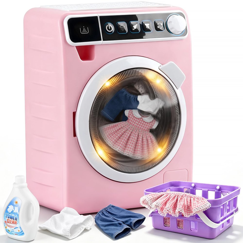 Kids Toy Washing Machine, Realistic Pretend Play Appliance for Girls, Interactive Toy Dollhouse Furniture, Play Washer and Dryer Playset with Spinning Drum (Pink)