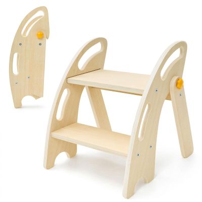Mielcora Foldable Toddler Step Stool - Wooden 2 Step Stool for Kids with Handle & Non-Slip Pads, Sturdy Space-Saving Kitchen Helper for Potty Training & Bathroom Sink (Natural Wood Color)