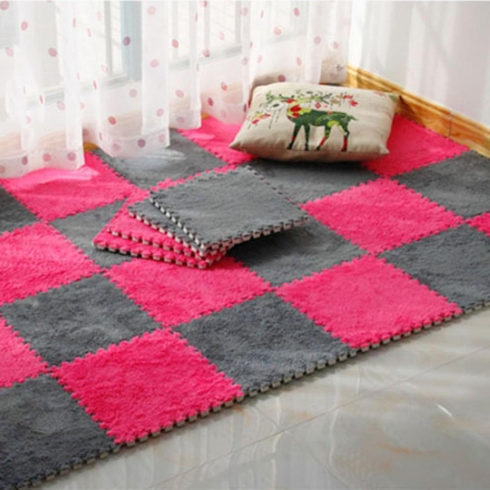LBAawxe Interlocking Carpet Blocks, Non-Slip Foam Puzzle Mats, Cuttable, Washable, Fluffy Small Rugs(Rose Red+Dark Gray,36pcs)