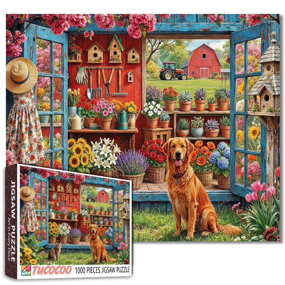 Farmhouse Garden Jigsaw Puzzles for Adults Floral Barn 1000 Pieces Puzzles for Challenging Family Activity Games Flower Shed Greenhouse Jigsaw Puzzle DIY Craft Puzzles Home Decor 19.7 x 27.6 Inches