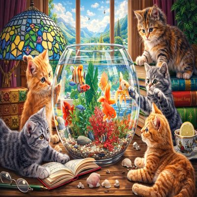 Jigsaw Puzzles for Adults 1000 Pieces - Curious Cats Watching Fish Scene Challenging Puzzles with High Definition Artwork, Relaxing Family Game Night Gift