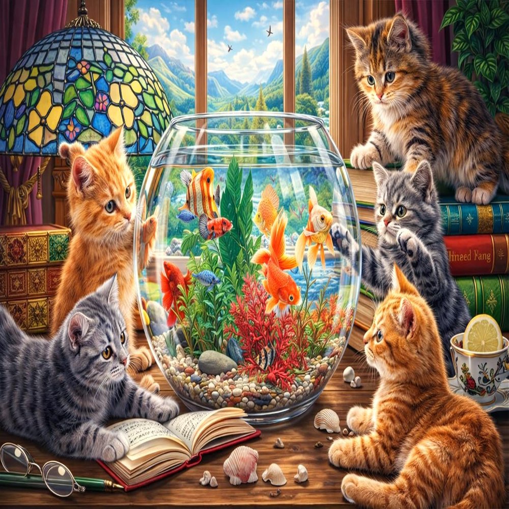 Jigsaw Puzzles for Adults 1000 Pieces - Curious Cats Watching Fish Scene Challenging Puzzles with High Definition Artwork, Relaxing Family Game Night Gift