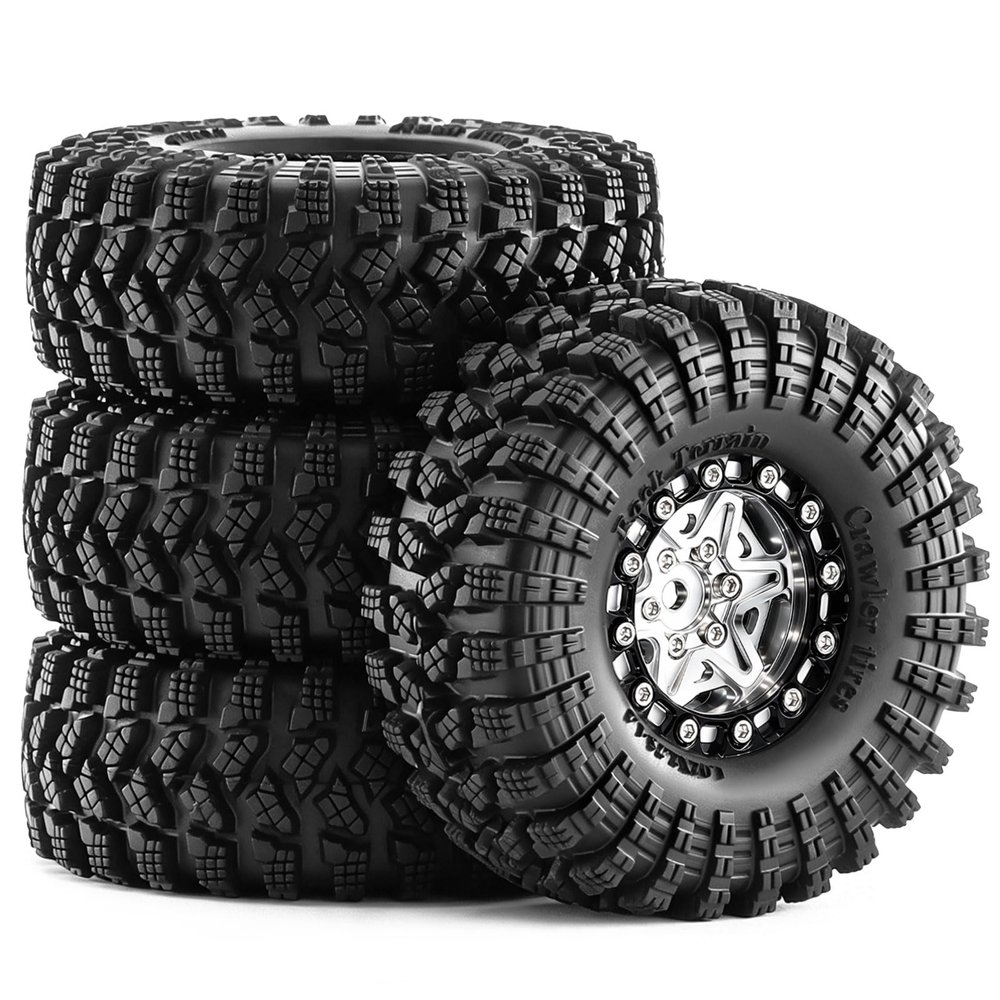 1.3" Pre-Assembled Beadlock Wheels and Tires 70mm (2.75in) for SCX24 TRX4M 1/18 1/24 RC Crawlers Aluminum Rims, Soft Rubber Tires with Foam Inserts, Easy-Install Upgrade Parts (Silver)