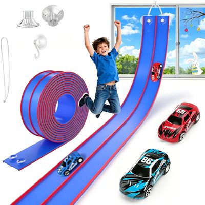TAEMVV 15 Ft Dual Flexible Race Track for Kids, DIY Ramps Car Track Set with 2 Toy Cars Compatible with Hot Wheels 1/64 Diecast Cars, Reinforced Suction Cup for Boys Girls 3+, Blue Pro