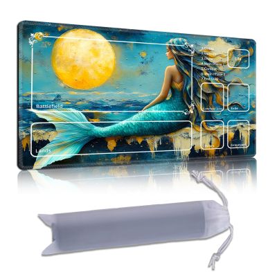 DISUOFEART Playmat for MTG & Magic: The Gathering with Zones, 24x14 inch Non-Slip TCG Game Mat for Commander, Moonlight Mermaid Ocean Card Game Table Mat