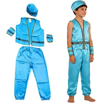 Boys' Arabian Costume Set - One-Piece Jumpsuit, Matching Hat & Wristbands, Kids Fantasy Dress Up Outfit (10-11Y)