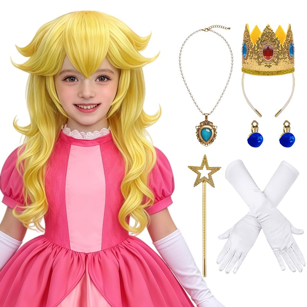 FOVER 7PCS Kids Blonde Princess Wig for Girls Costume Cosplay Long Wavy Wig with Crown Wand Necklace Ear Clips Gloves Wig Cap | Thick Full Hair, Pre-cut Bangs for Halloween Birthday Party FE049