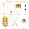 FOVER 7PCS Kids Blonde Princess Wig for Girls Costume Cosplay Long Wavy Wig with Crown Wand Necklace Ear Clips Gloves Wig Cap | Thick Full Hair, Pre-cut Bangs for Halloween Birthday Party FE049 view 2