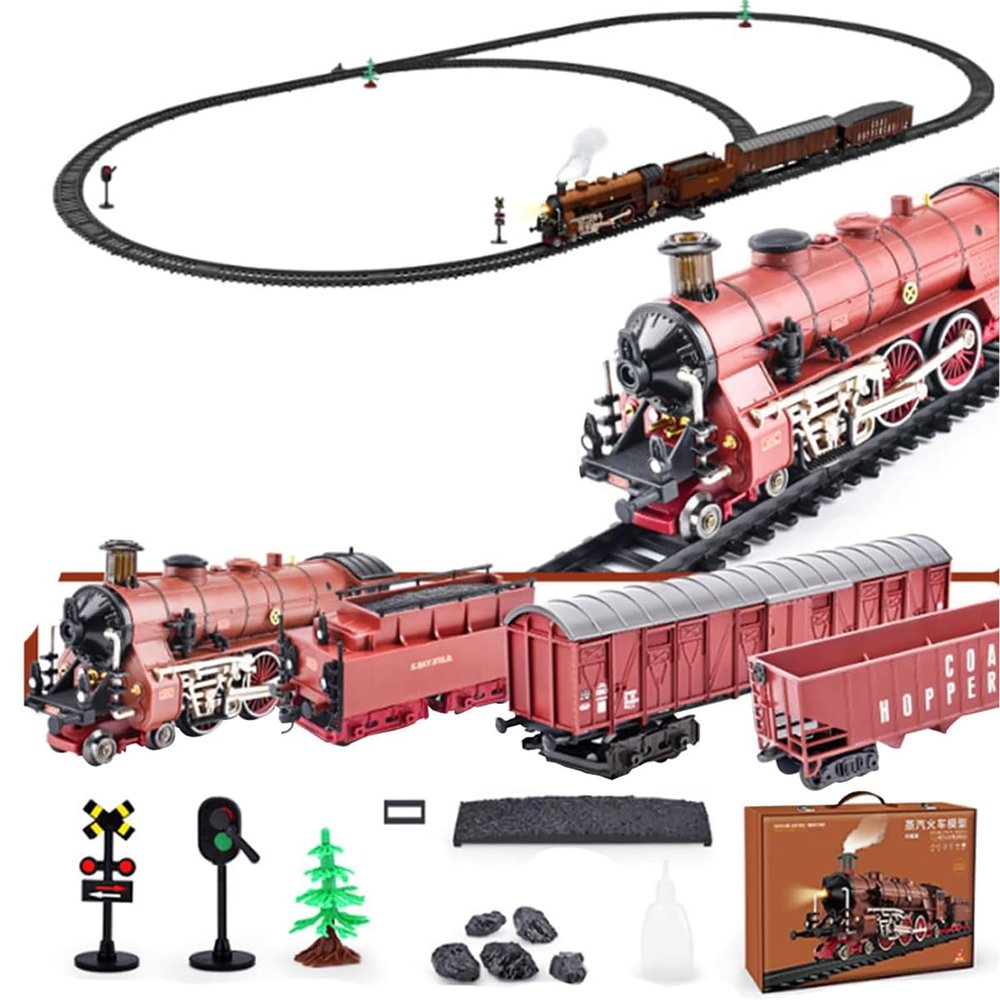 Alloy Electric Train Set Model with Carriage and Long Track, Gift for Boys and Girls,Red