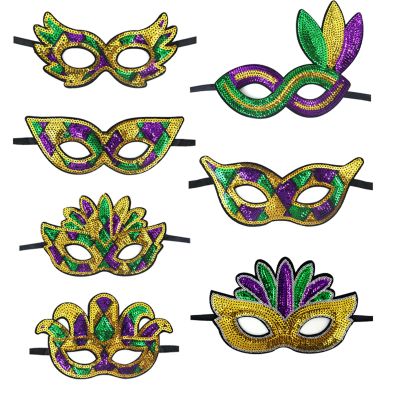 7Pcs Mardi Gras Eyes Mask,Full Color Half Face Carnival Favors Mask,Women Men Masquerade Sequins Eyes Masks for New Orleans Parades Halloween Birthday Supplies