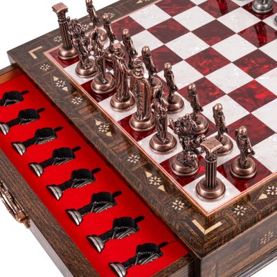 15 Handmade Chess Set with British Army Metal Chess Pieces, Luxury Storage Chess Board, for Him, Decorative Chess Board, Educational Chess Sets (Red)