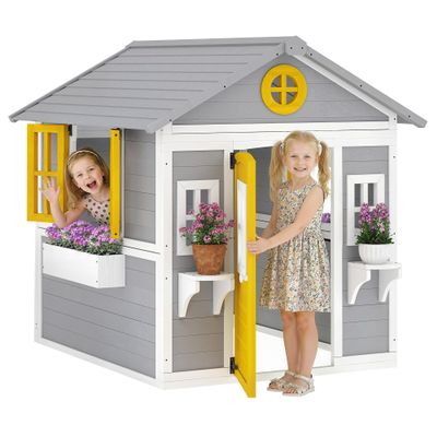 Outsunny Outdoor Kids Playhouse with Dutch Door for Toddlers 3-8 Gray