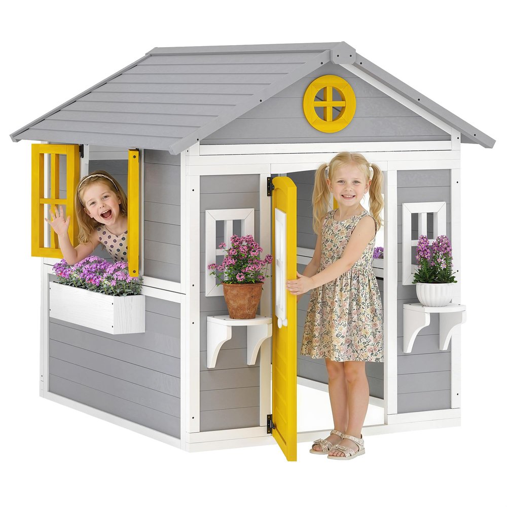 Outsunny Outdoor Kids Playhouse with Dutch Door for Toddlers 3-8 Gray