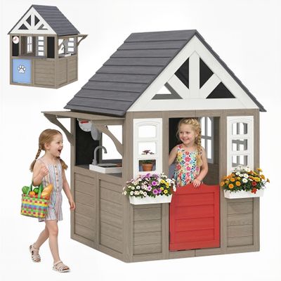 Qaba Outdoor Wooden Playhouse with Dog Door, Kids Cottage with Flower Box, Cookware and Window for Backyard Garden, Indoor Playroom Imaginative Play for Ages 2+, Gray