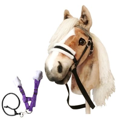 Set Hobby Horse Haflinger A3 with Bridle and Violet Halter - Realistic Hobbyhorse Toy for Older Kids