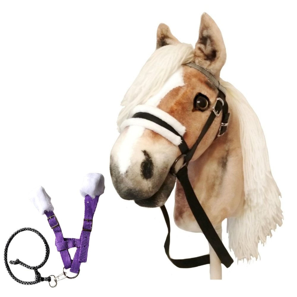 Set Hobby Horse Haflinger A3 with Bridle and Violet Halter - Realistic Hobbyhorse Toy for Older Kids