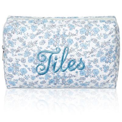 Locmeo Empty Mahjong Tile Bag with Zipper 10' Blue Floral Embroidered Mahjong Storage Holder Chinoiserie Tiles Case Gift for Mah Jong Lover Accessory Cotton Mah Jong Organizer for Game Night Party
