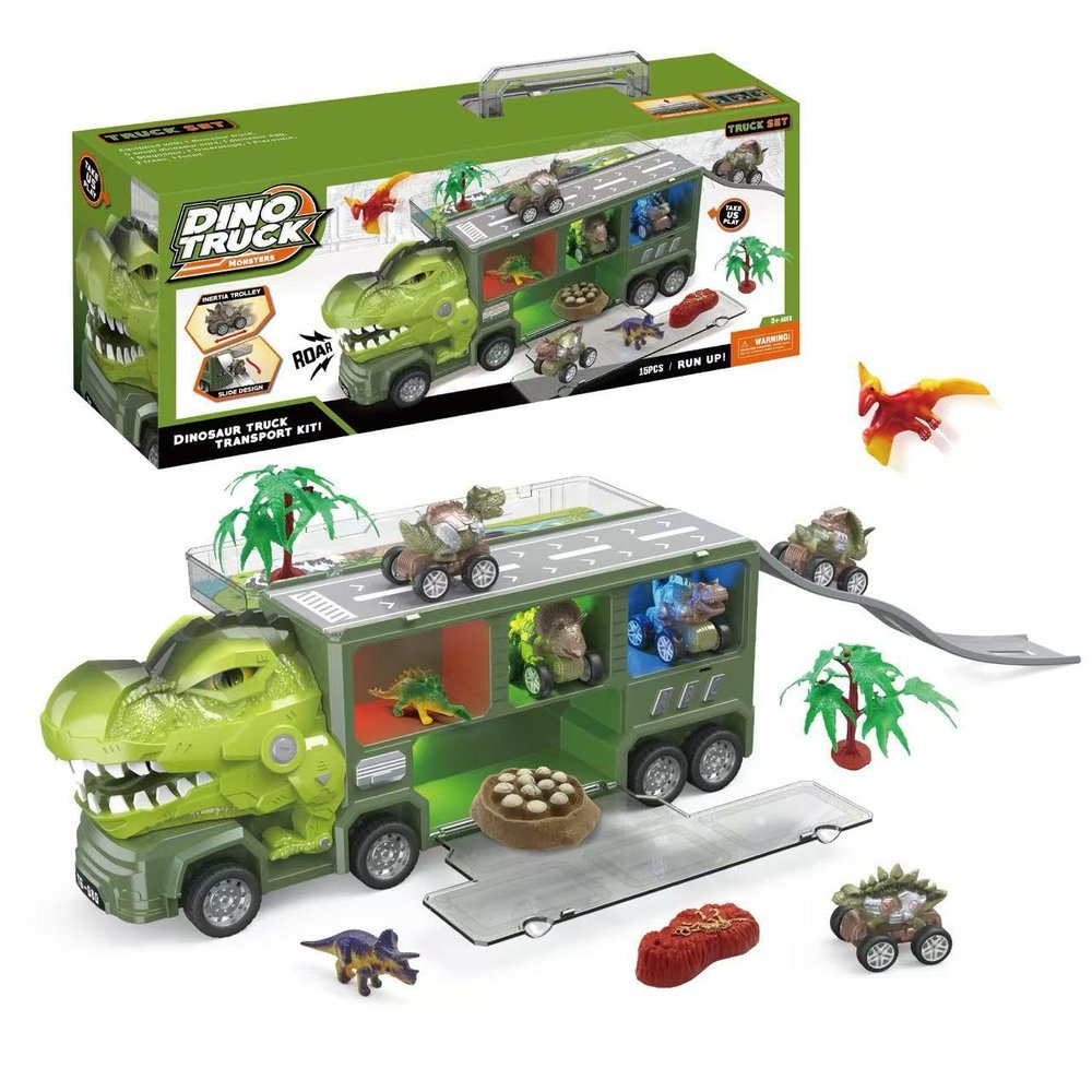 ToyCanvas Dinosaur Truck Carrier Set, 15-Piece Dinosaur Toys with 5 Mini Dino Cars, Dinosaur Figures, Egg, Trees & Map, Transport Carrier Truck, Birthday Gifts for Boys & Girls Ages 3+