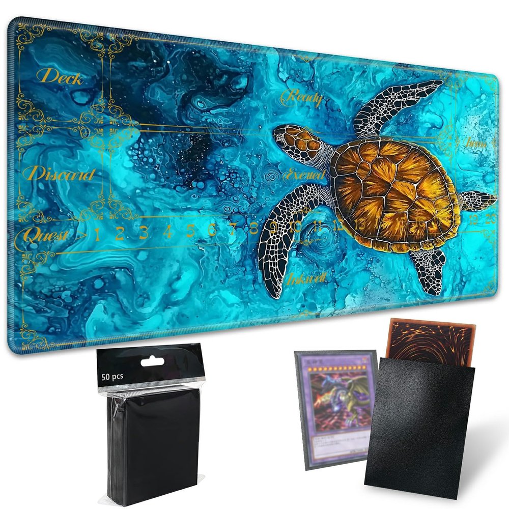 Large TCG Playmat with Game Zones, Card Game Mat with Stitched Edges and Non-Slip Rubber Base, Gaming Desk Mat 24 x 14 Inch, Turtle Swim in Ocean