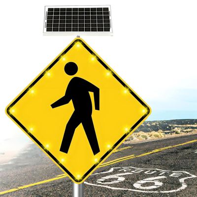 Solar-Powered LED Flashing Pedestrian Crosswalk Sign, 24"/30" Heavy-Duty Aluminum Traffic Warning Signs Pedestrian Road Warning Signs Traffic with Rust-Proof Frame & Reflective Fil
