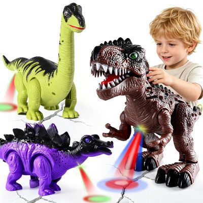3-Pack Electronic Walking Dinosaur Toys for Toddlers 2-4, Moving Dinosaurs Toys with Lights, Roaring Sounds, T-Rex, Brachiosaurus & Stegosaurus, Xmas Birthday Gift for 2 3 4 5 6 Years Old Boys