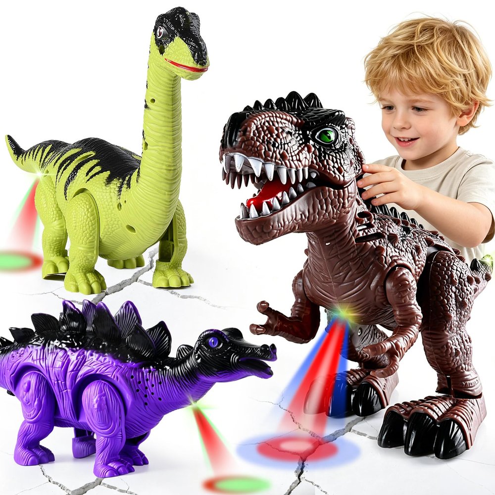3-Pack Electronic Walking Dinosaur Toys for Toddlers 2-4, Moving Dinosaurs Toys with Lights, Roaring Sounds, T-Rex, Brachiosaurus & Stegosaurus, Xmas Birthday Gift for 2 3 4 5 6 Years Old Boys