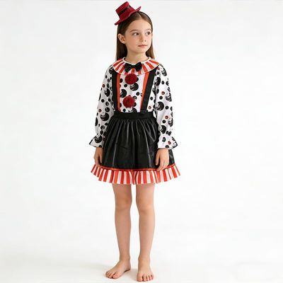 Girls clown costume set with polka-dot top, striped skirt & mini top hat. Perfect for Halloween, circus parties. (4-5Y)