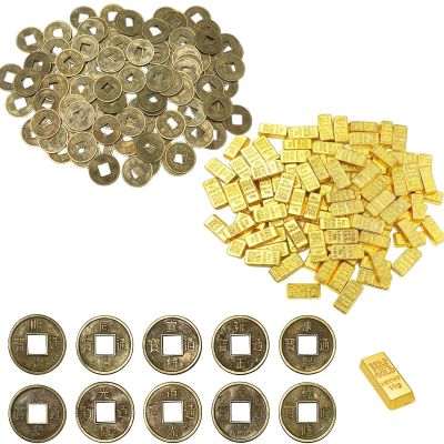 100 Gold Bricks & 100 Copper Coins Set, Feng Shui Wealth Prosperity Gold Bricks & Copper Coins Decorations, Lucky Money for Home, Office, Party, Miniature Display, Crafts, Collectibles